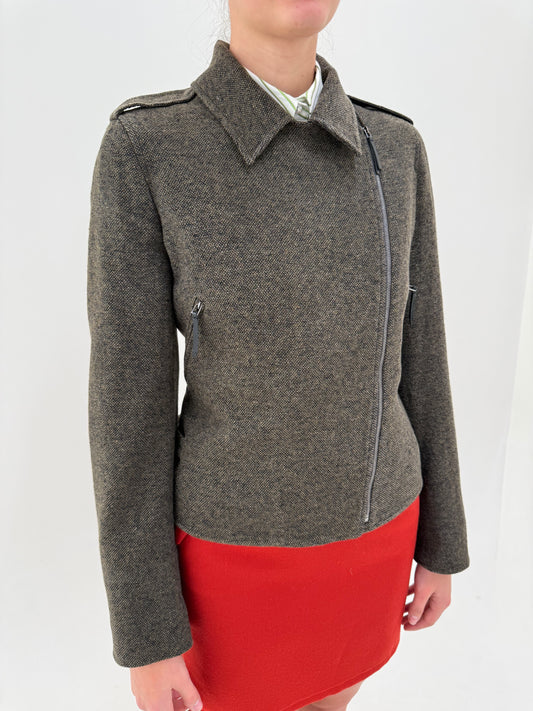 Jacheta Max Mara în stil biker din tweed Donegal de lana și mătase naturală camel și negru