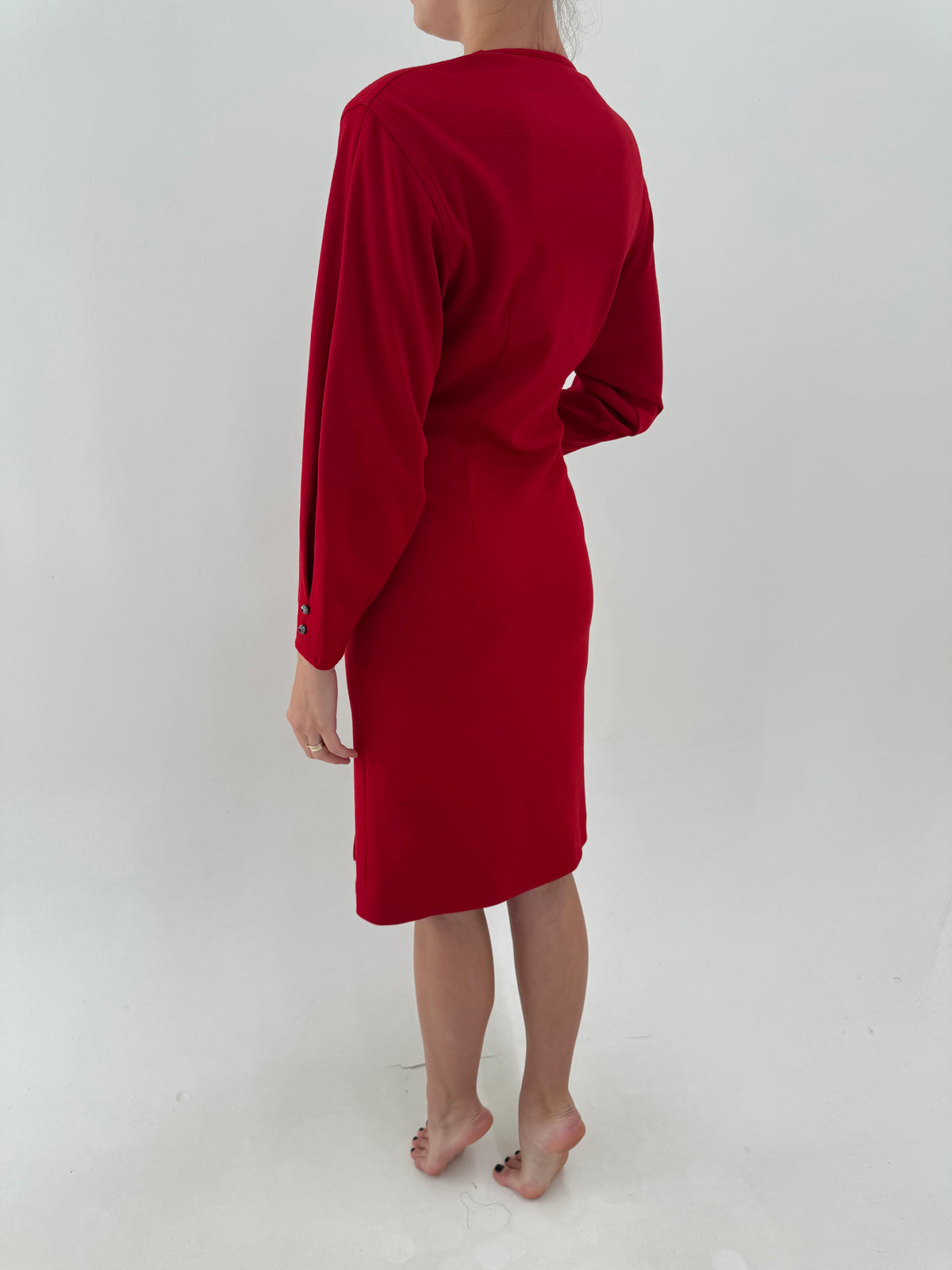 Rochie vintage din lana extrafina în croi ultra chic drapat asimetric dame cherry red