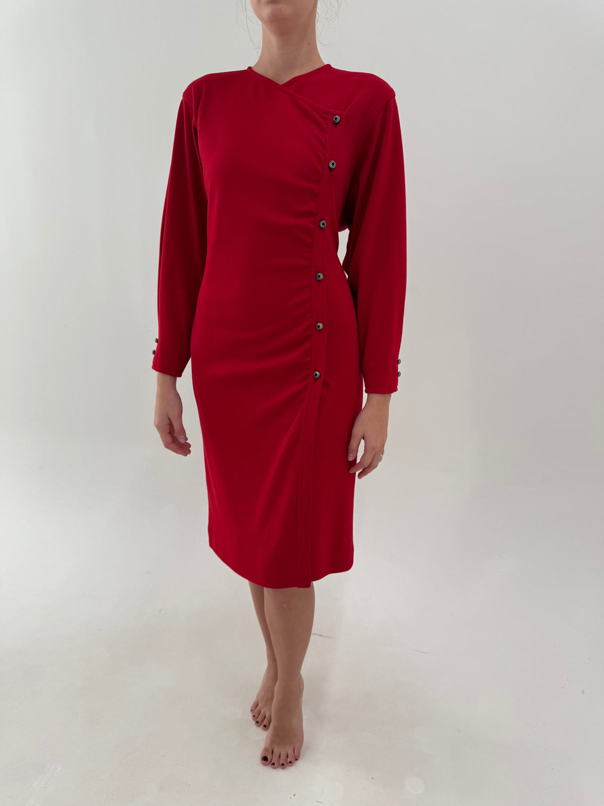 Rochie vintage din lana extrafina în croi ultra chic drapat asimetric dame cherry red