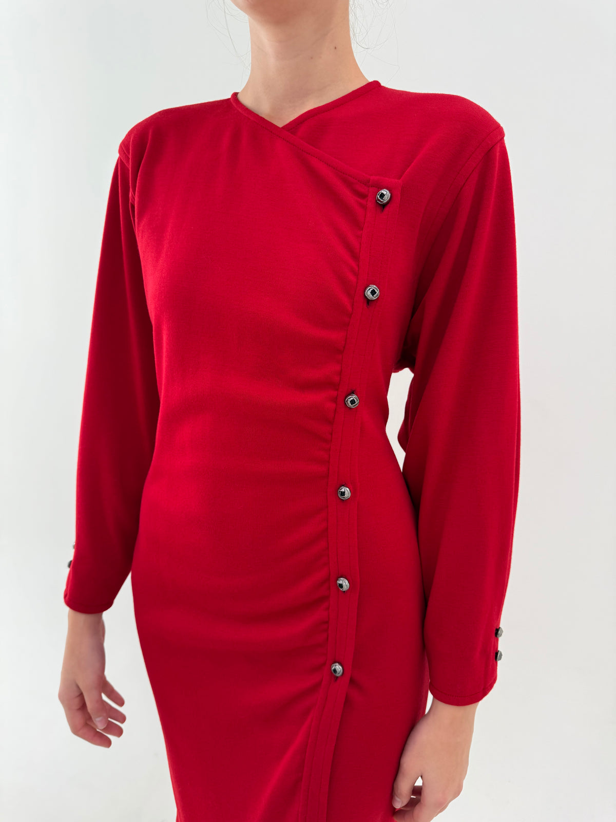 Rochie vintage din lana extrafina în croi ultra chic drapat asimetric dame cherry red