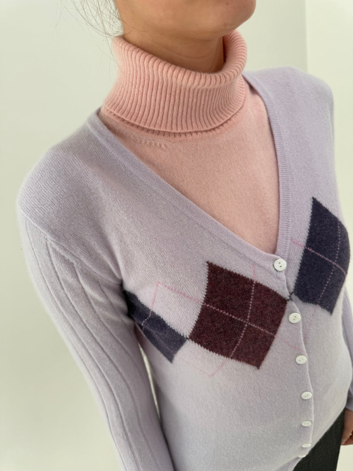 Cardigan din cașmir lavandă argyle tall