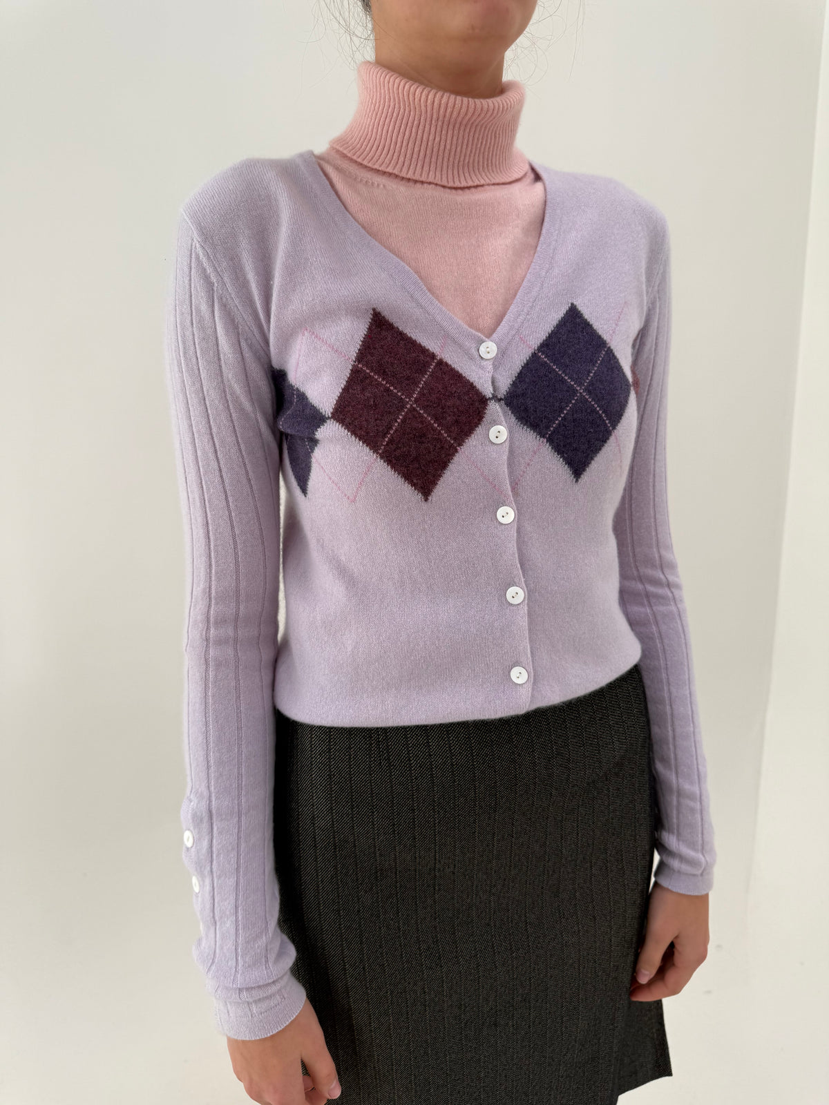 Cardigan din cașmir lavandă argyle tall