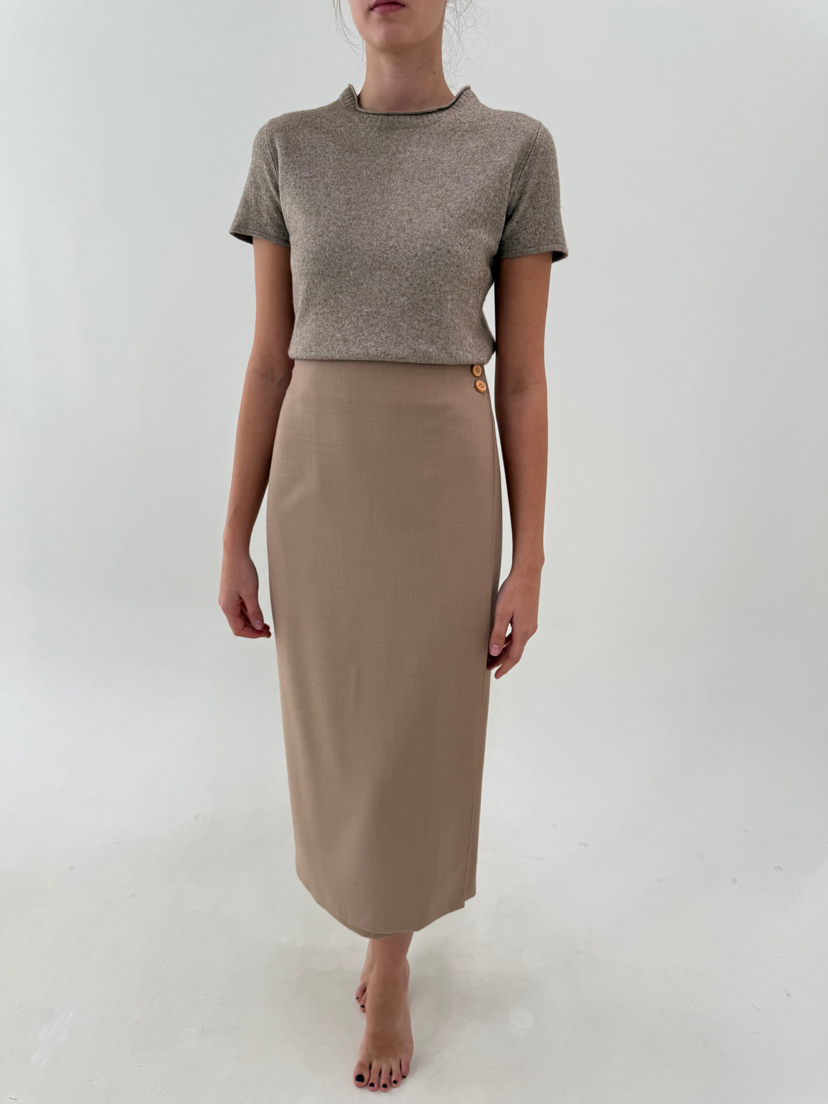 Fustă maxi camel in croi petrecut creion din wool creppe excepțional