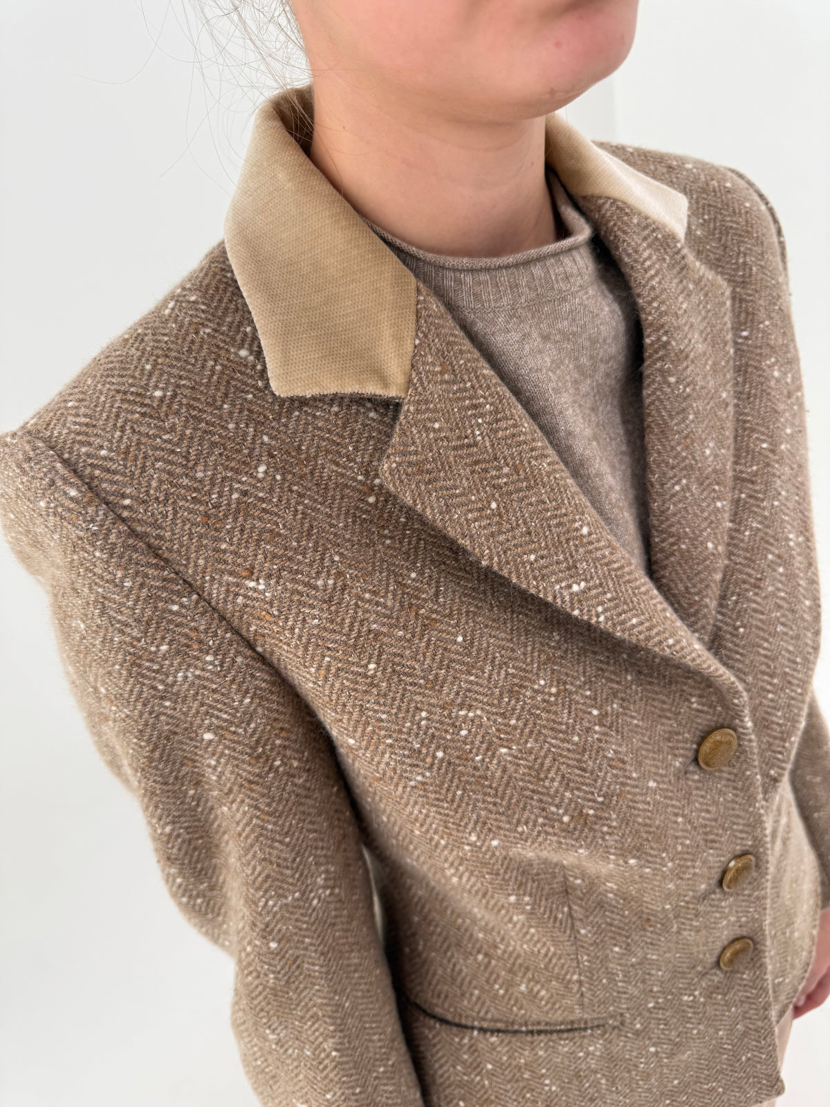 Sacou din tweed gros Chevron light taupe de Lana excepțională tall