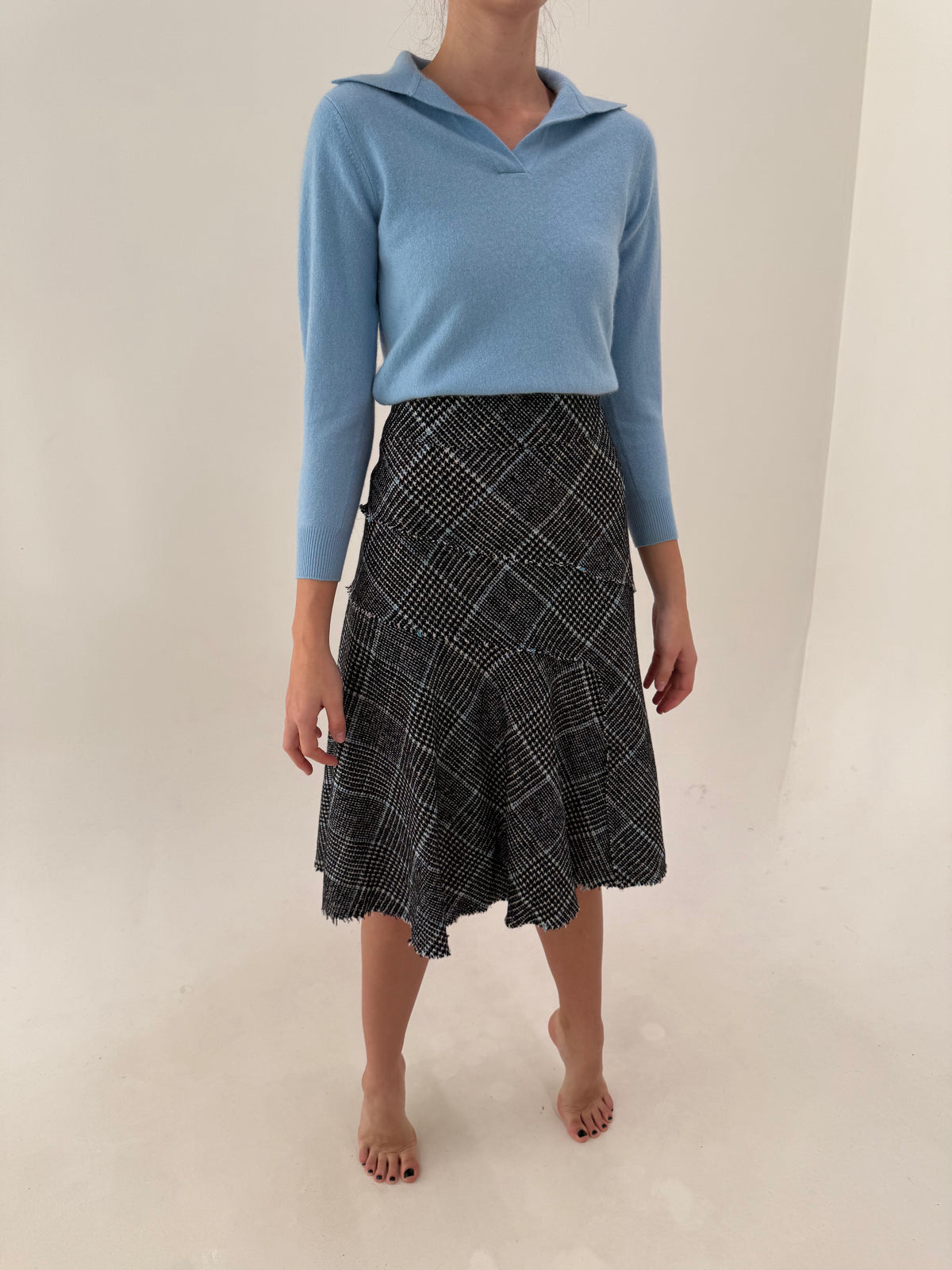 Fustă din tweed de lana cu bumbac oued de coq midi în bie cu inserții baby blue