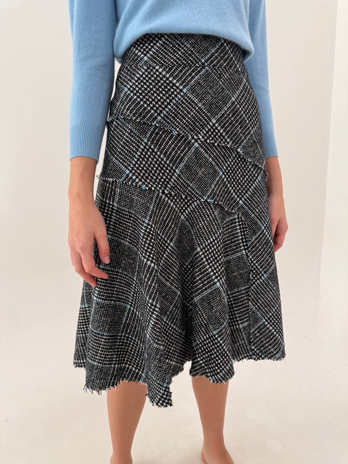 Fustă din tweed de lana cu bumbac oued de coq midi în bie cu inserții baby blue