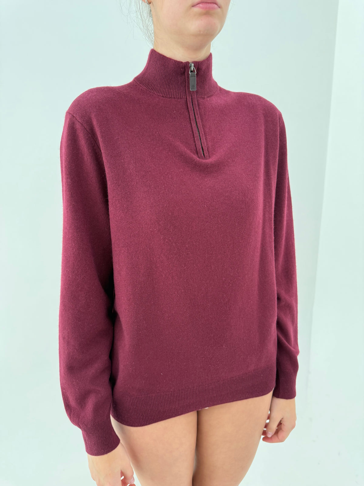Maleta quarter zip burgundy din cașmir și mătase naturală