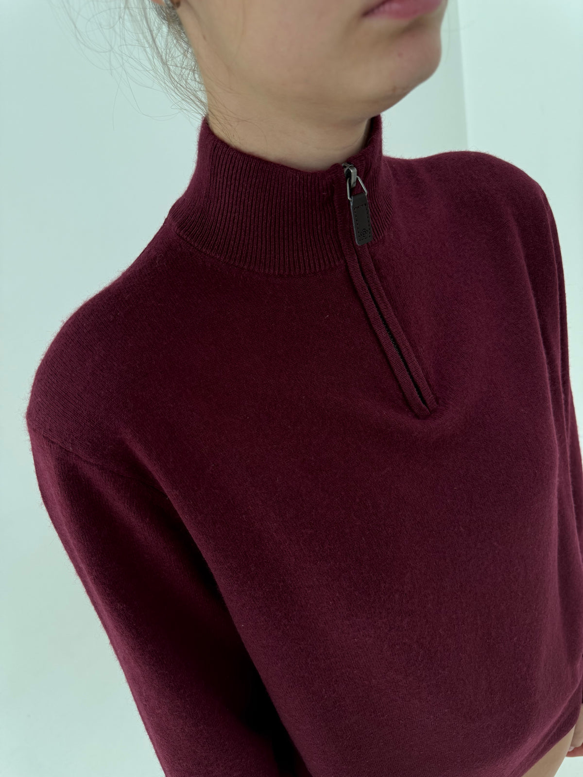 Maleta quarter zip burgundy din cașmir și mătase naturală