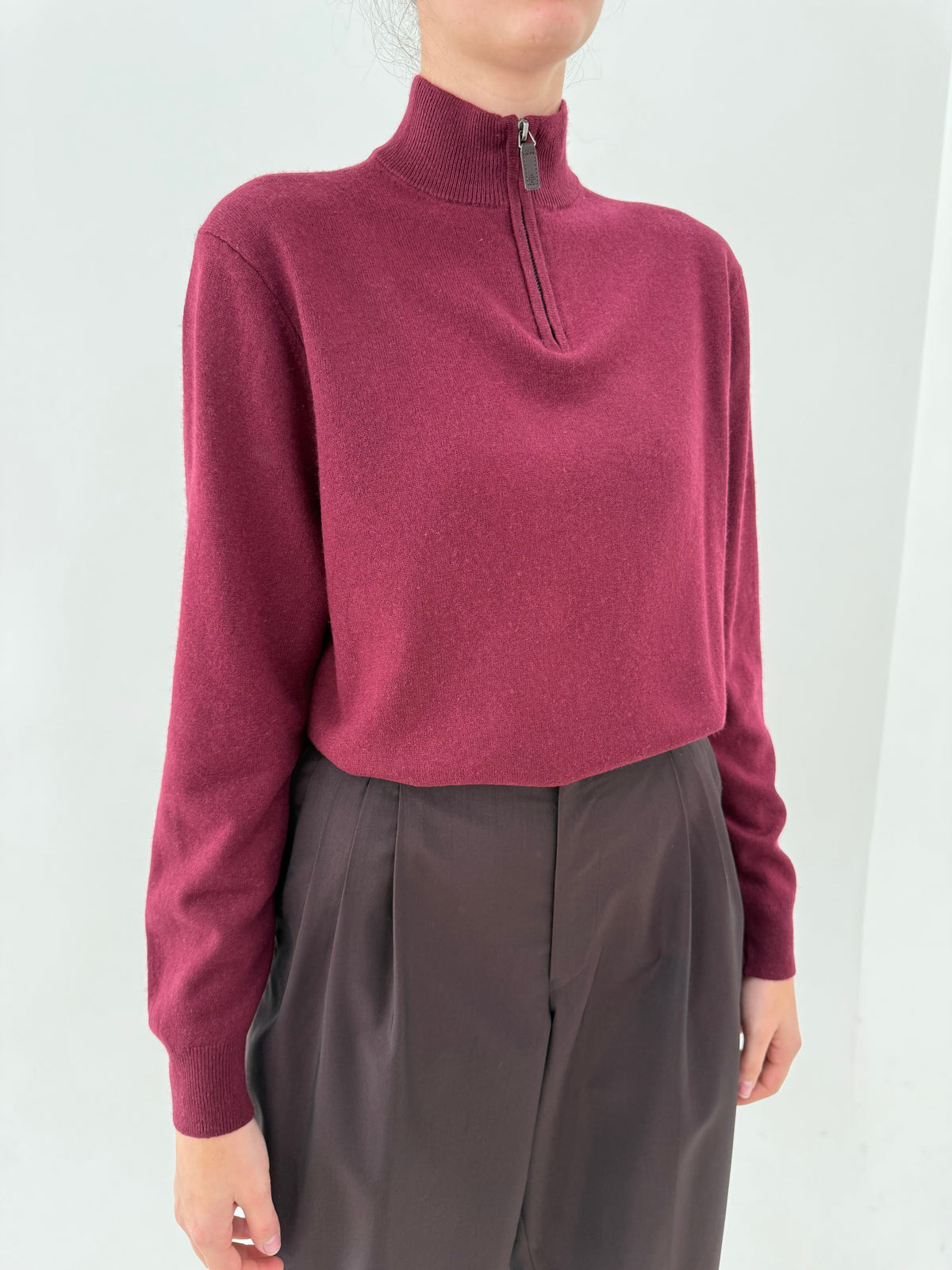 Maleta quarter zip burgundy din cașmir și mătase naturală