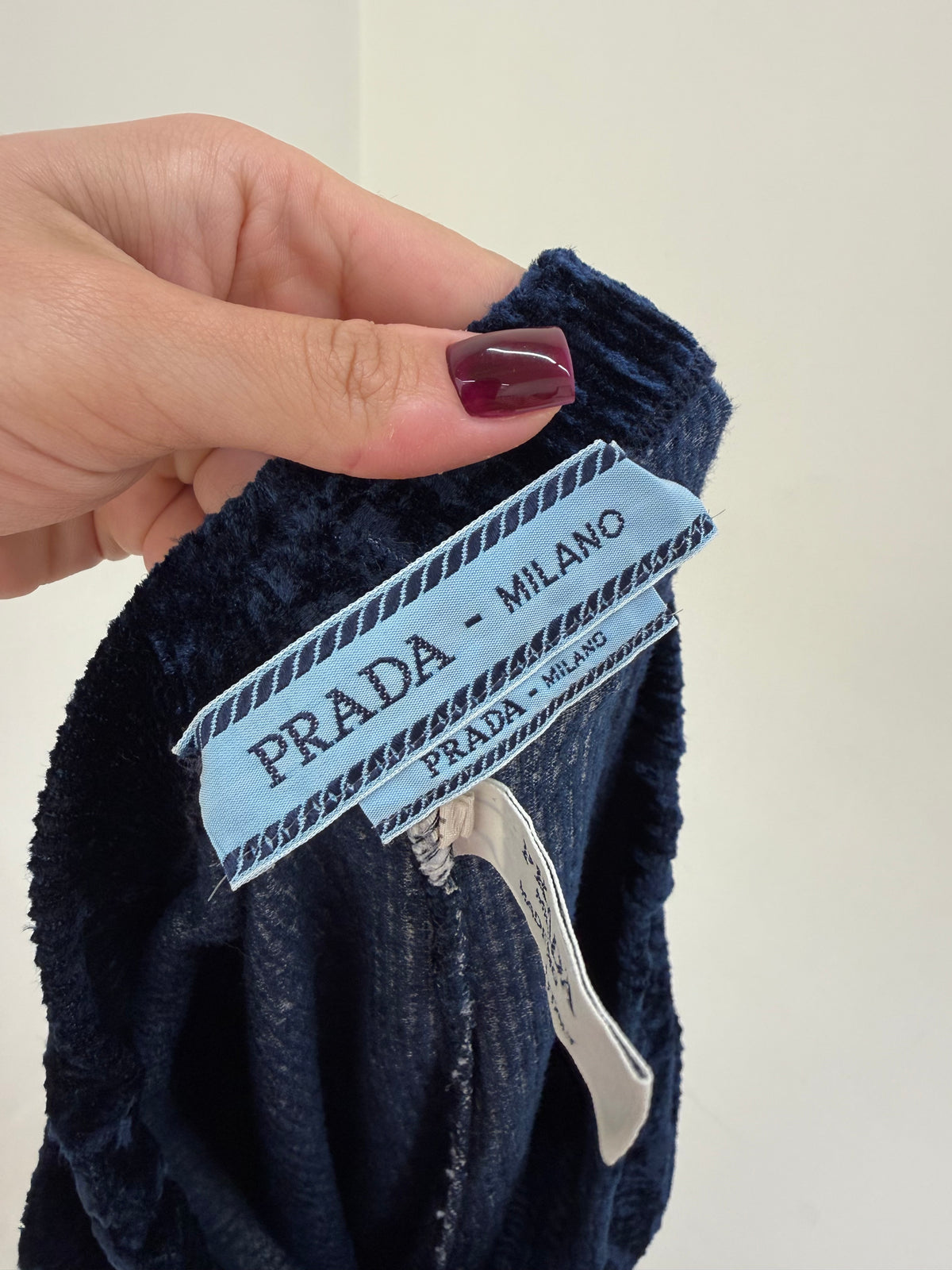 Pantaloni leggings Prada vintage Y2K, din catifea elastică albastru cerneală anii 2000