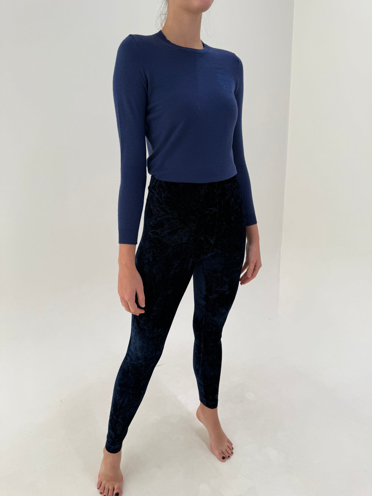 Pantaloni leggings Prada vintage Y2K, din catifea elastică albastru cerneală anii 2000