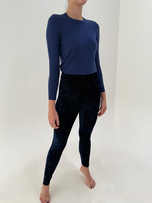 Pantaloni leggings Prada vintage Y2K, din catifea elastică albastru cerneală anii 2000