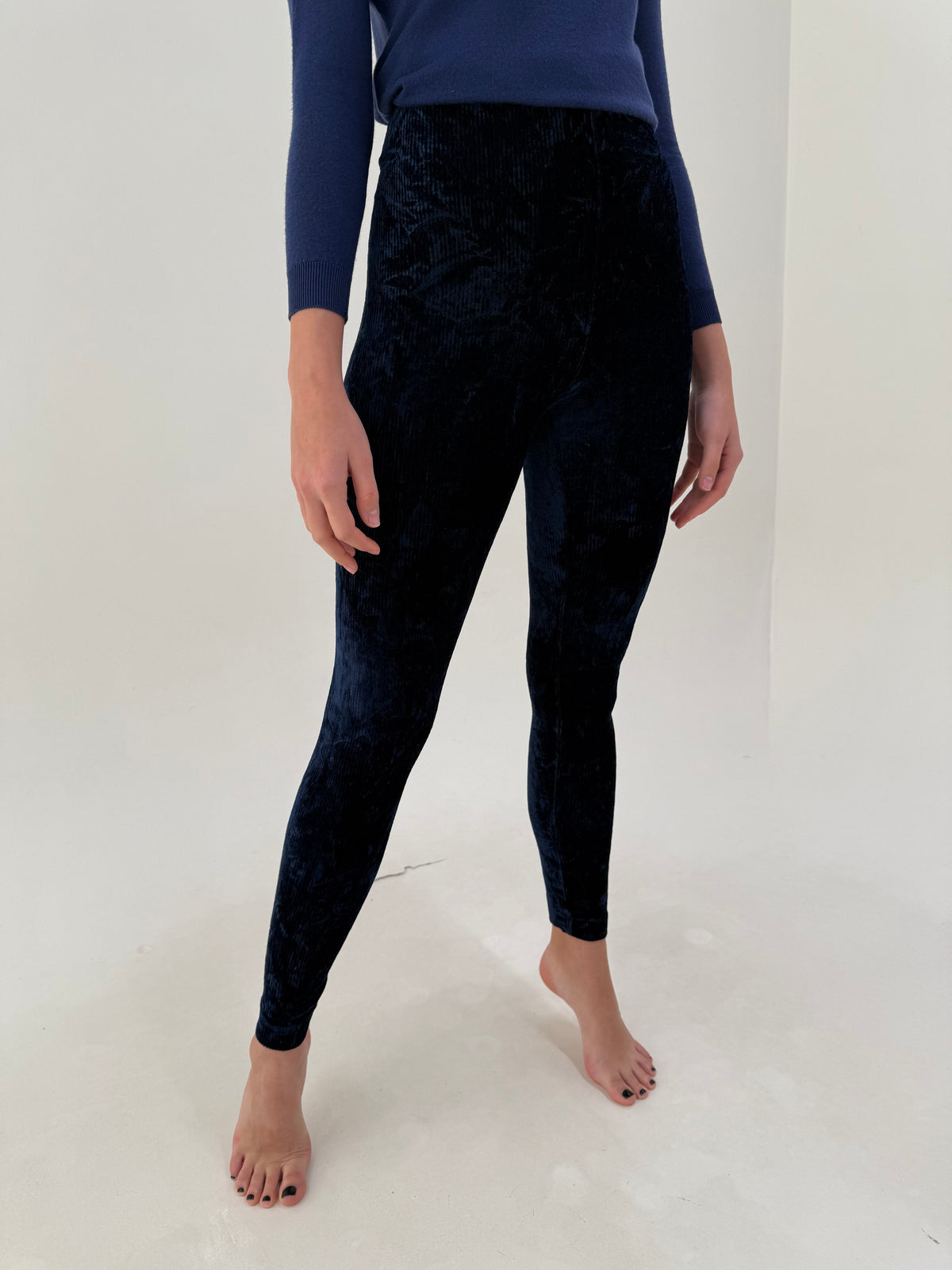 Pantaloni leggings Prada vintage Y2K, din catifea elastică albastru cerneală anii 2000