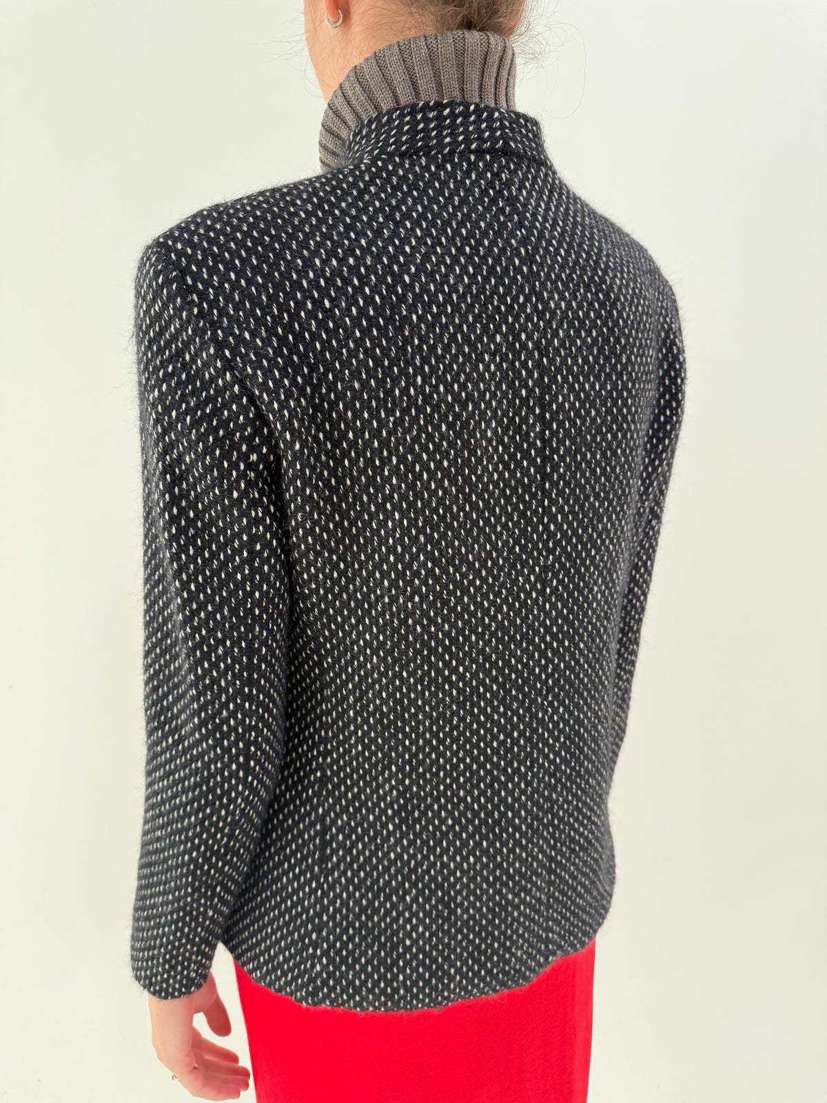 Jacheta Giorgio Armani old vintage late 80s din tweed de lana buclat alb negru cu shawl lapels