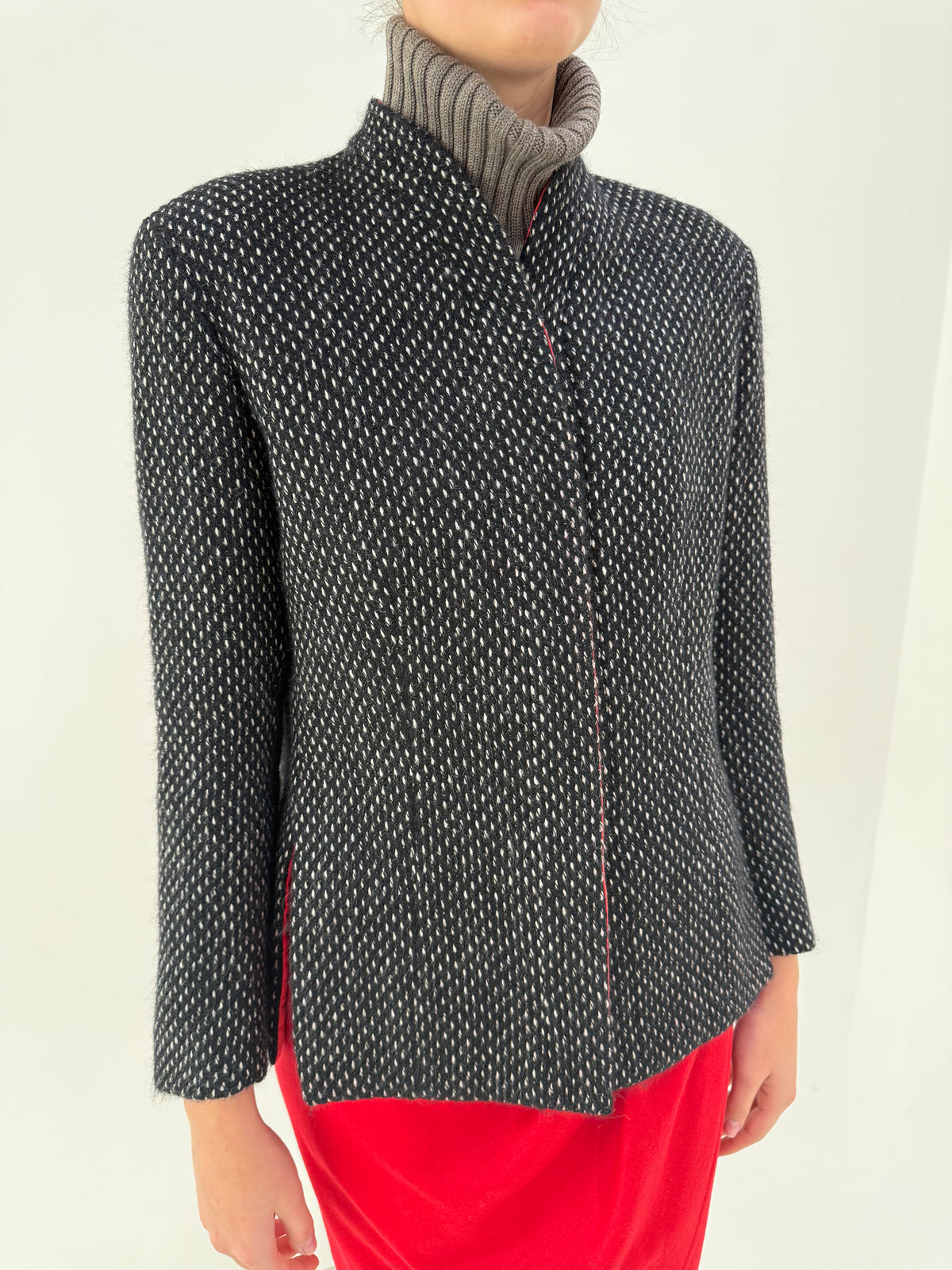 Jacheta Giorgio Armani old vintage late 80s din tweed de lana buclat alb negru cu shawl lapels