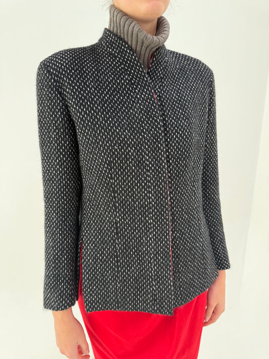 Jacheta Giorgio Armani old vintage late 80s din tweed de lana buclat alb negru cu shawl lapels