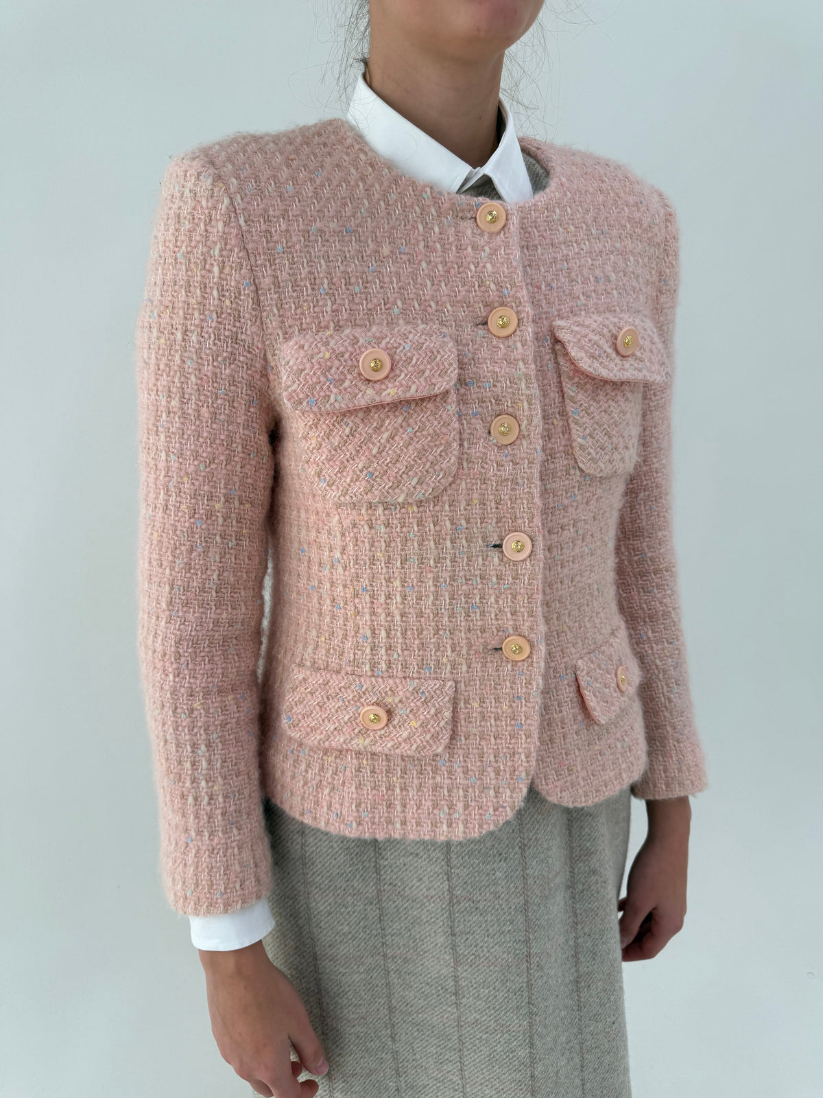 Sacou roz pudrat în stil Chanel din tweed excepțional de lana plin powder Pink