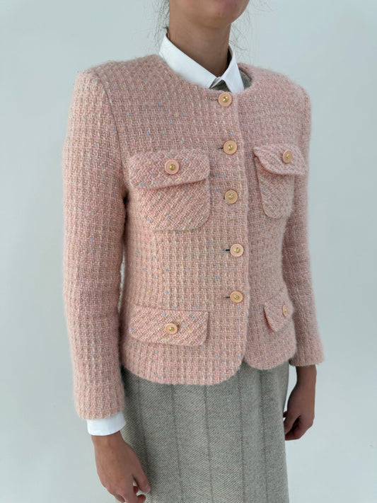 Sacou roz pudrat în stil Chanel din tweed excepțional de lana plin powder Pink