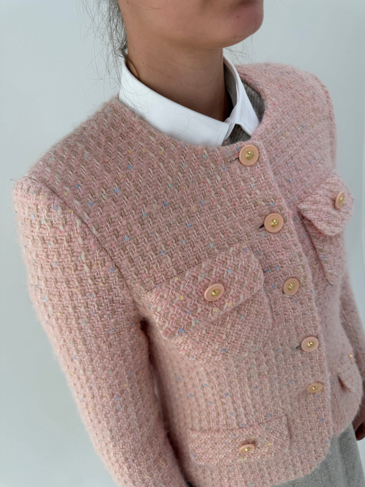 Sacou roz pudrat în stil Chanel din tweed excepțional de lana plin powder Pink