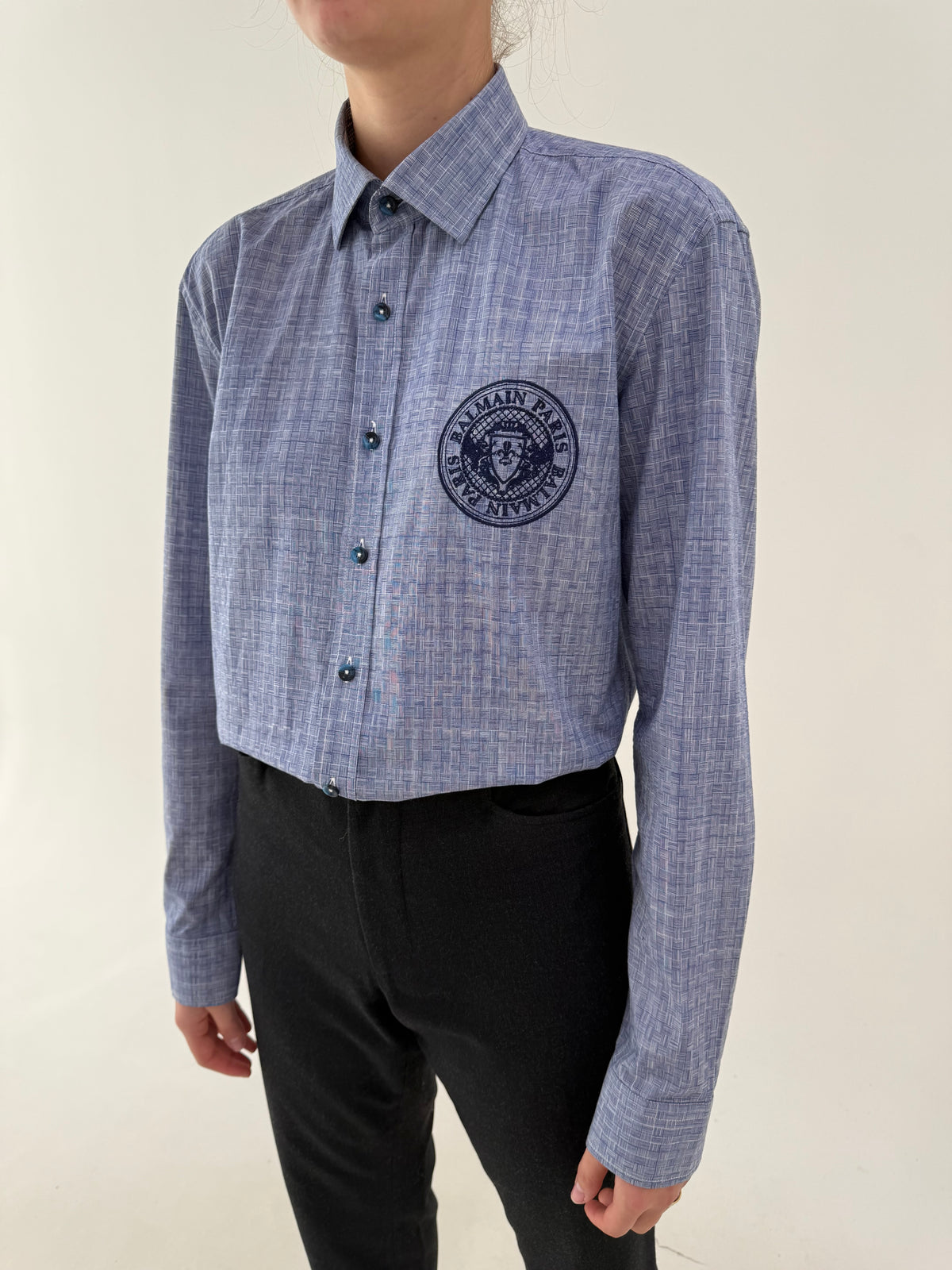 Cămașa Balmain din bumbac plin texturat în carouri stilizate jeans blue