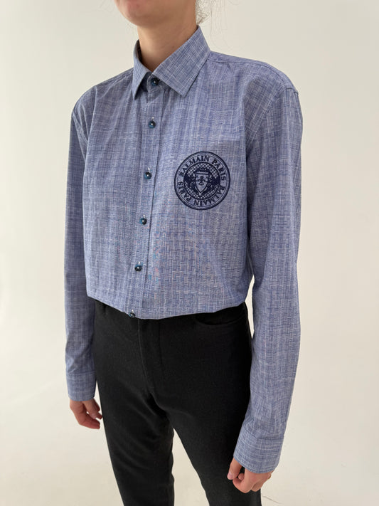 Cămașa Balmain din bumbac plin texturat în carouri stilizate jeans blue