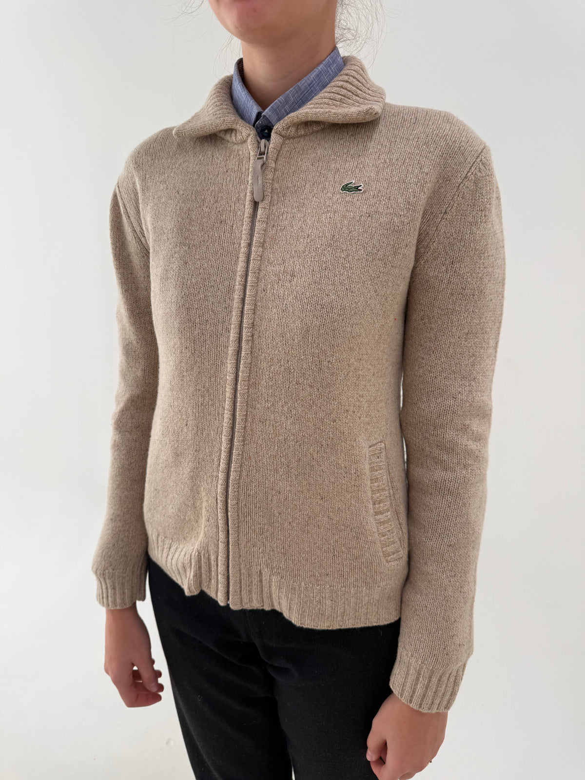 Pulover gros tip jachetă Lacoste din lana melanj camel
