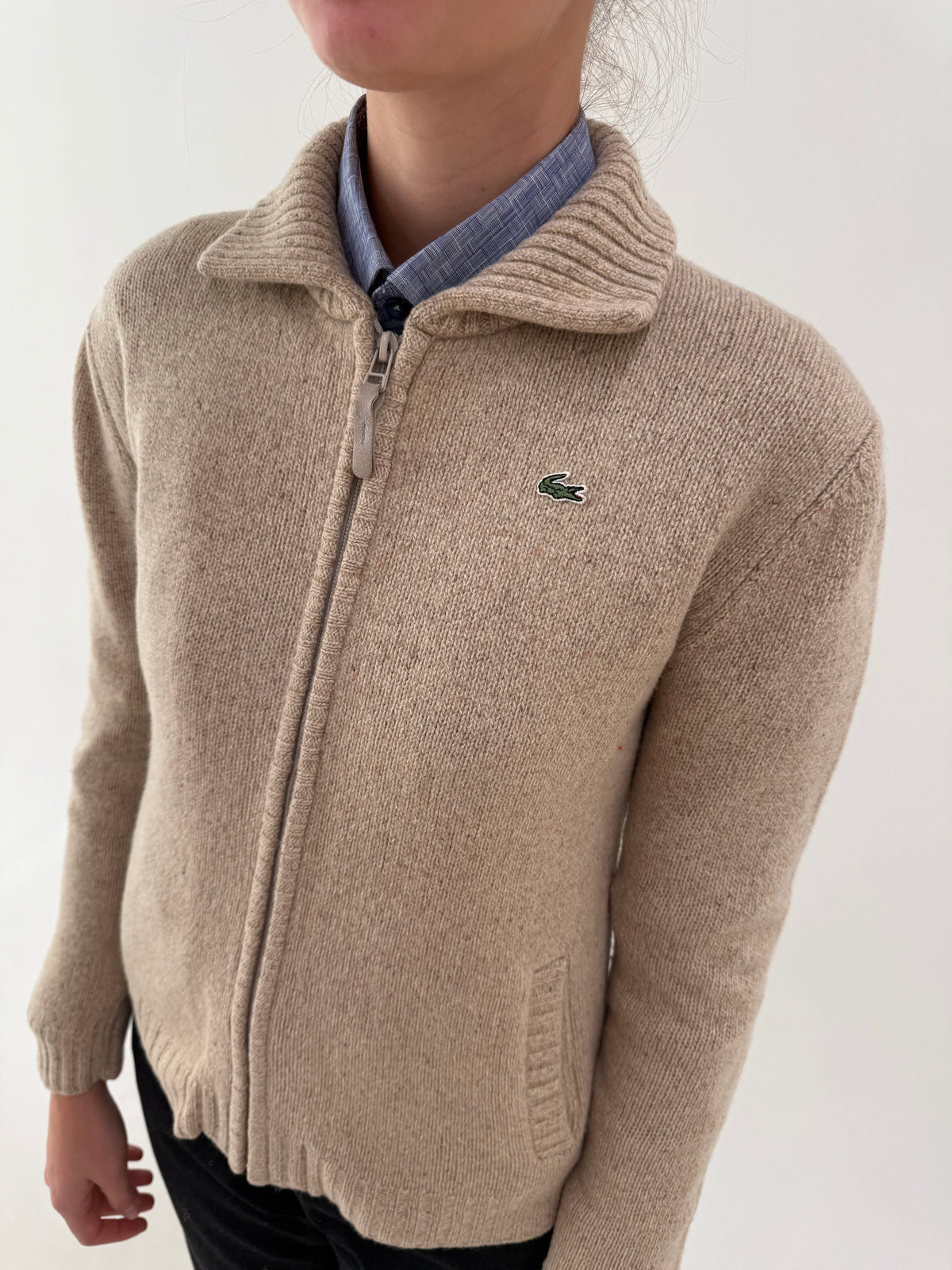 Pulover gros tip jachetă Lacoste din lana melanj camel