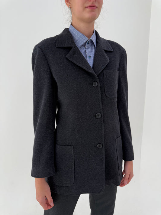 Sacou Max Mara din stofă groasă de lana melanj charcoal gray în croi lung cu buzunare aplicate