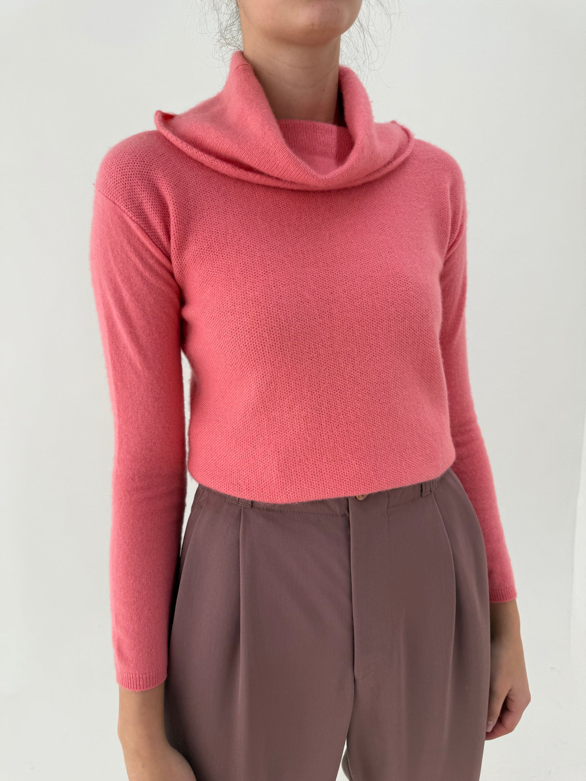 Maleta cu guler sal din cașmir și lana extrafina de gramaj mare flamingo pink