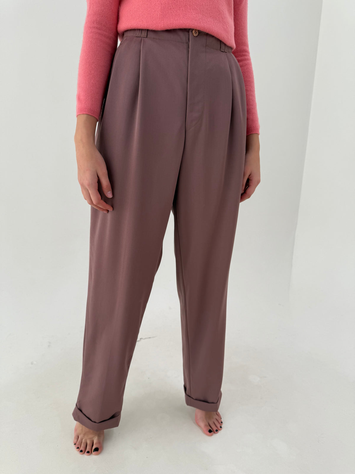 Pantaloni ultra tall dusty pink din lana plină extrafina pura virgină certificată