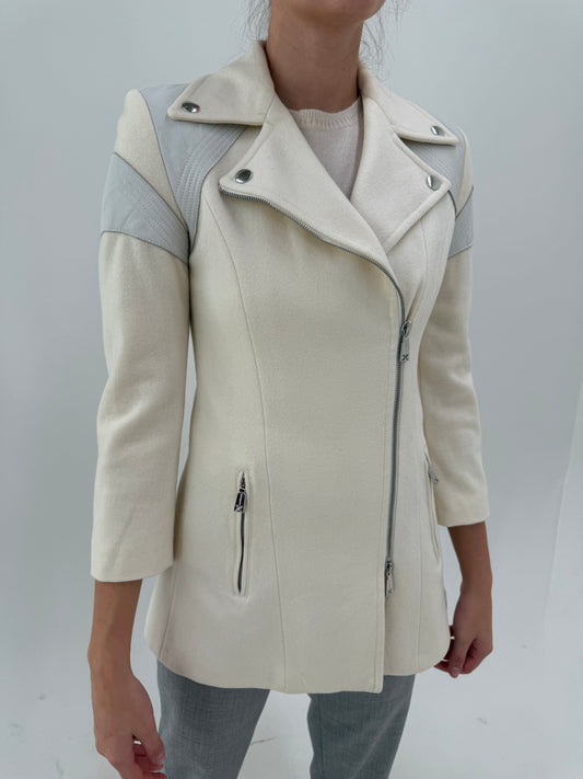 Palton luxury Richmond petite în croi biker din lana structurată plină și piele naturală