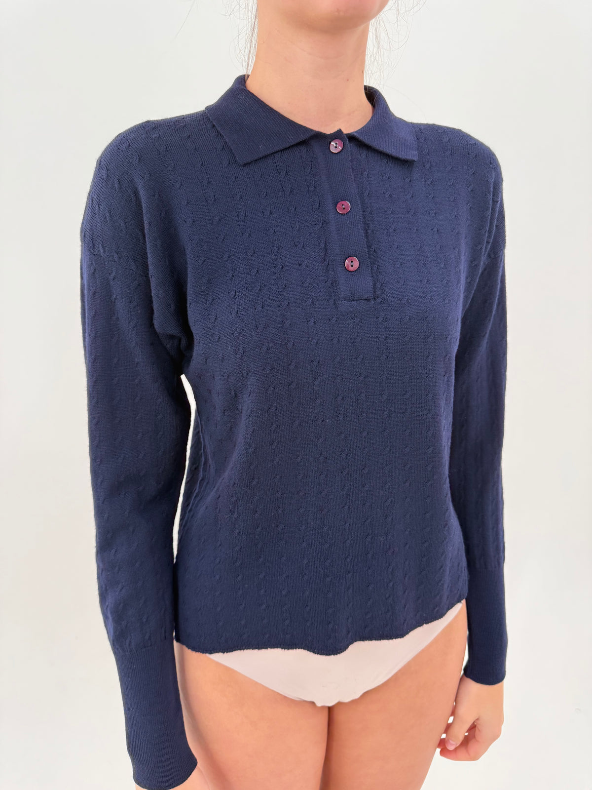 Pulover vintage polo cu torsade Navy blue din lana merino extrafina ribbed fin