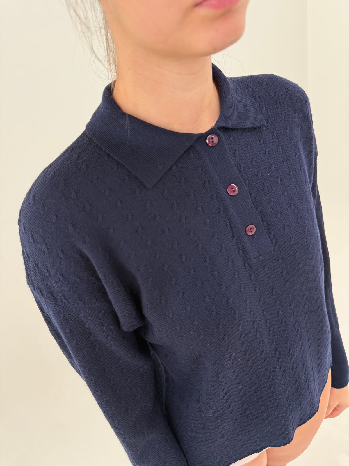 Pulover vintage polo cu torsade Navy blue din lana merino extrafina ribbed fin