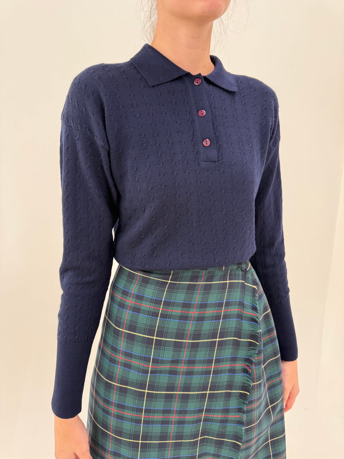 Pulover vintage polo cu torsade Navy blue din lana merino extrafina ribbed fin