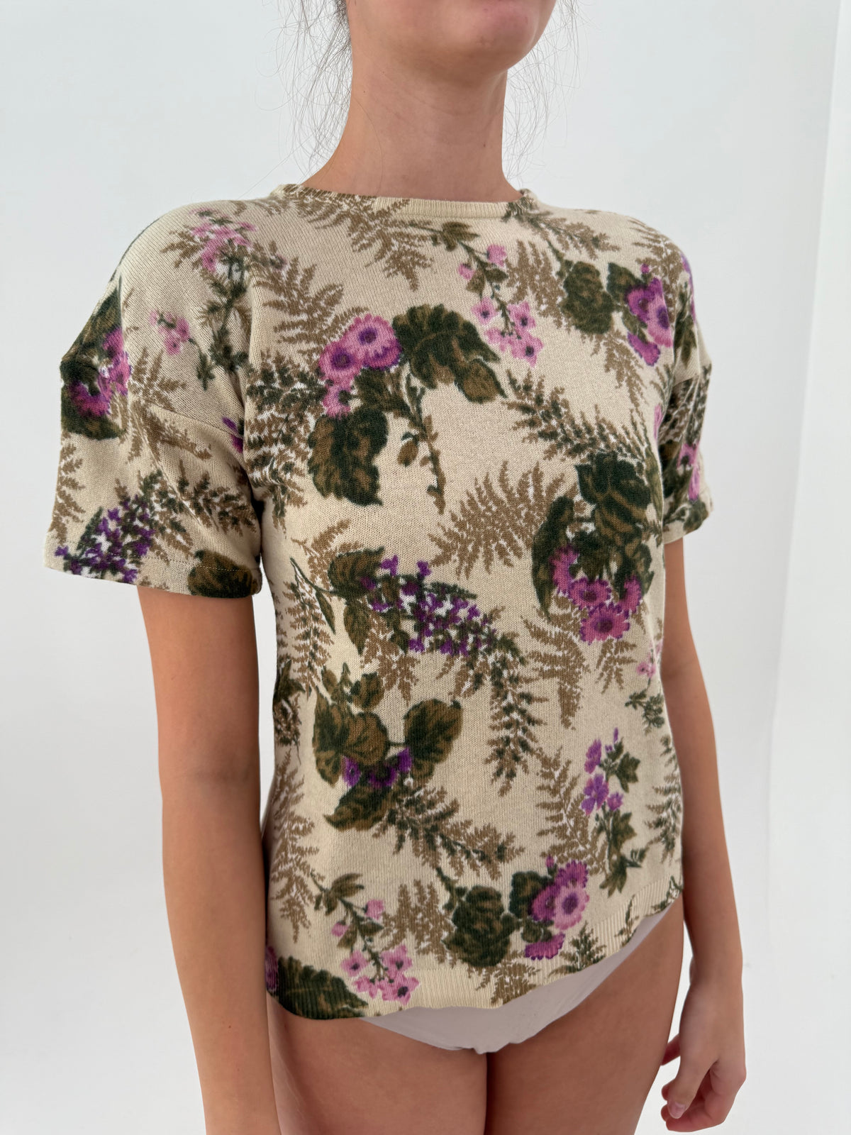 Top powder green din lana extrafina cu print organic superb crew neck
