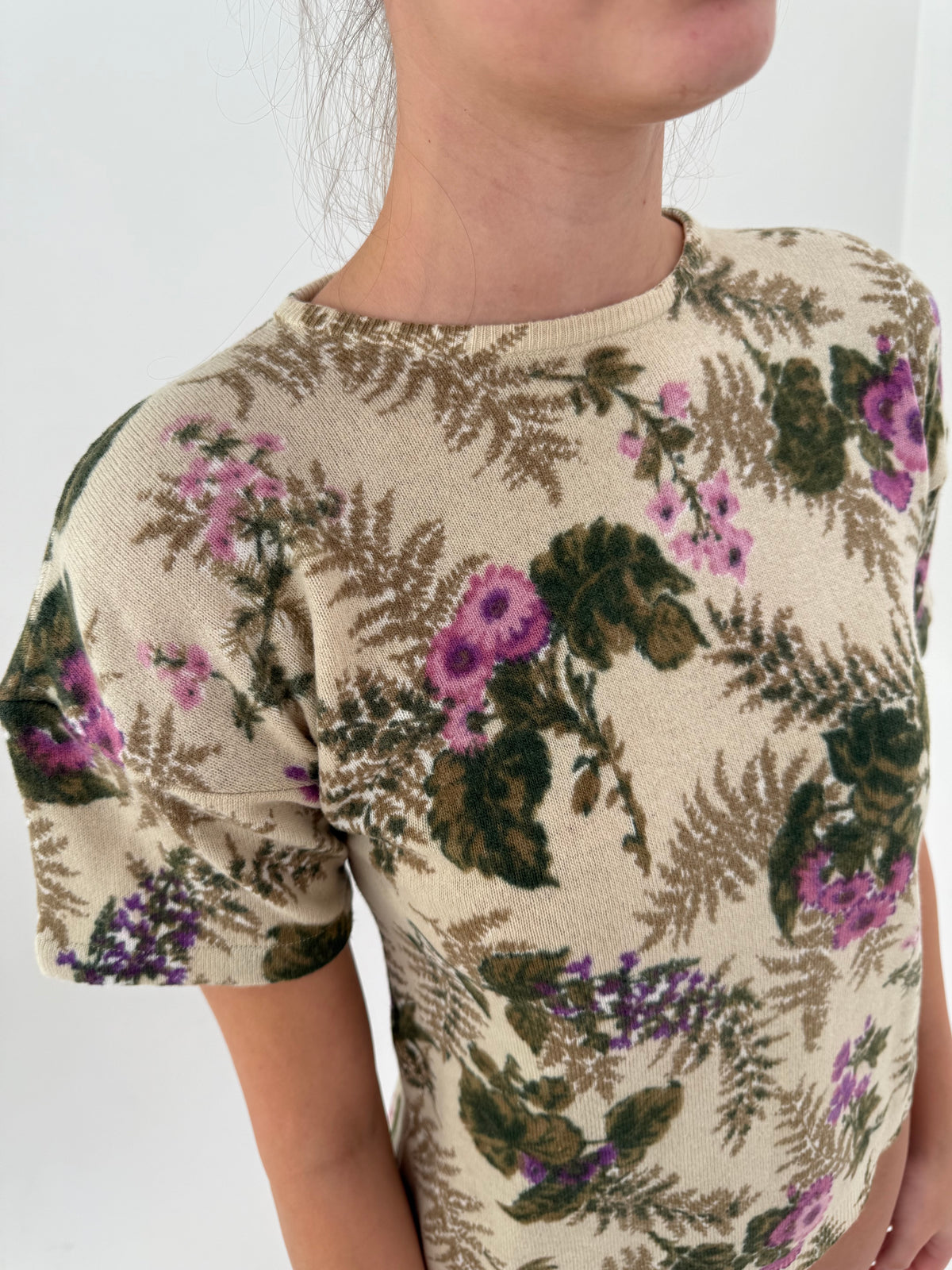 Top powder green din lana extrafina cu print organic superb crew neck