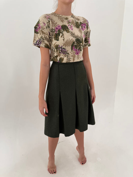 Fustă vintage plisată din tweed de lana pura virgină certificată dark green midi