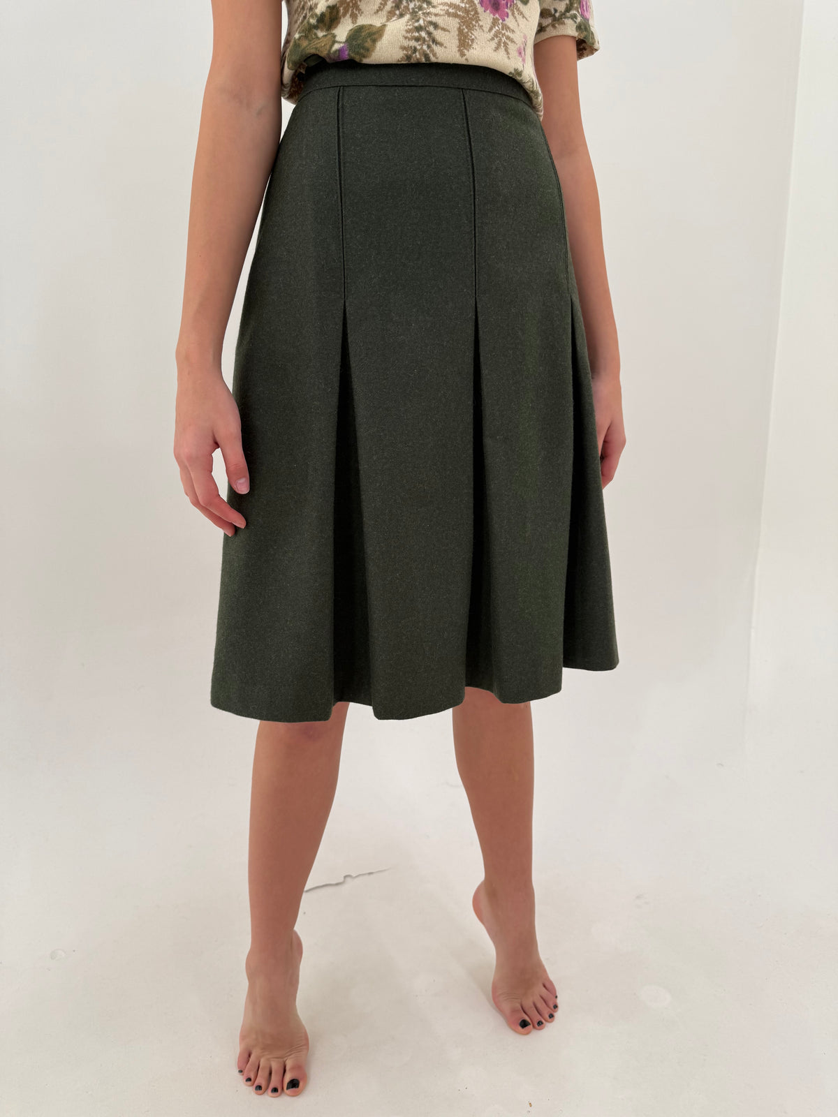 Fustă vintage plisată din tweed de lana pura virgină certificată dark green midi