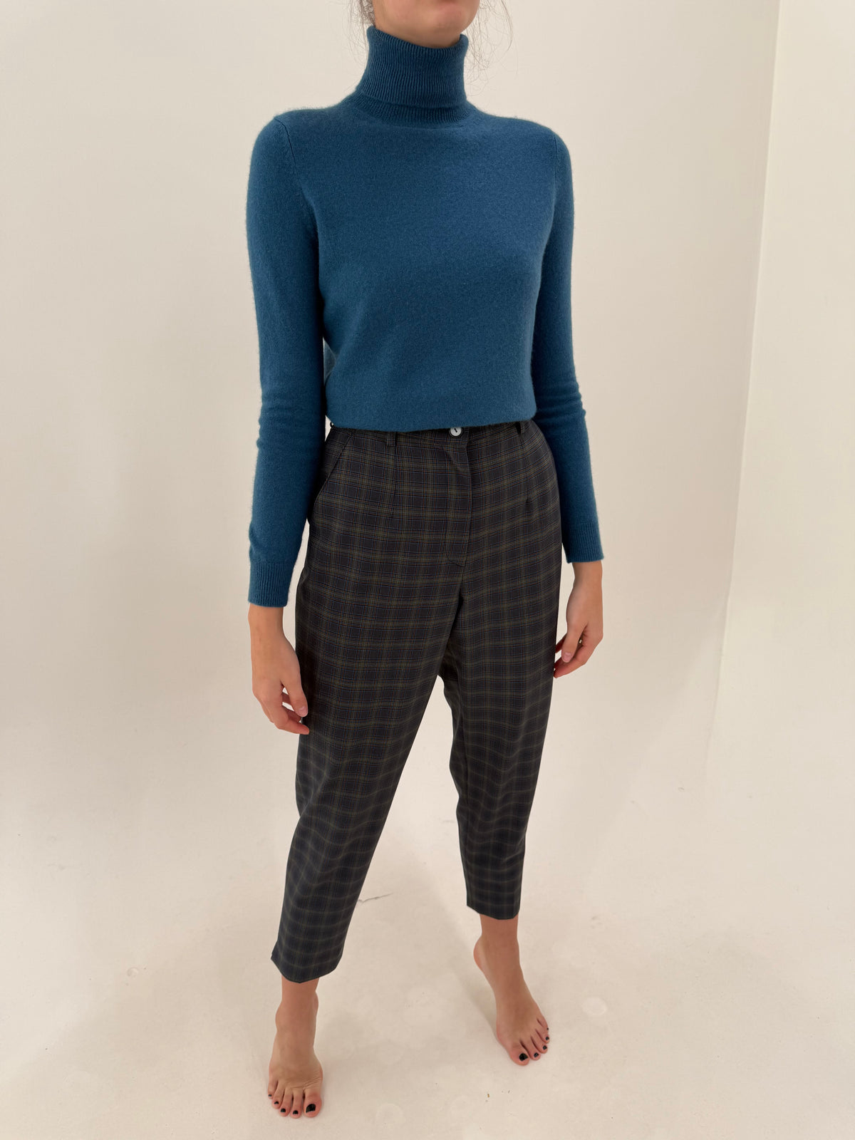 Pantaloni petite din lana extrafina confort în carouri cu talie ultra înaltă ușor elastică