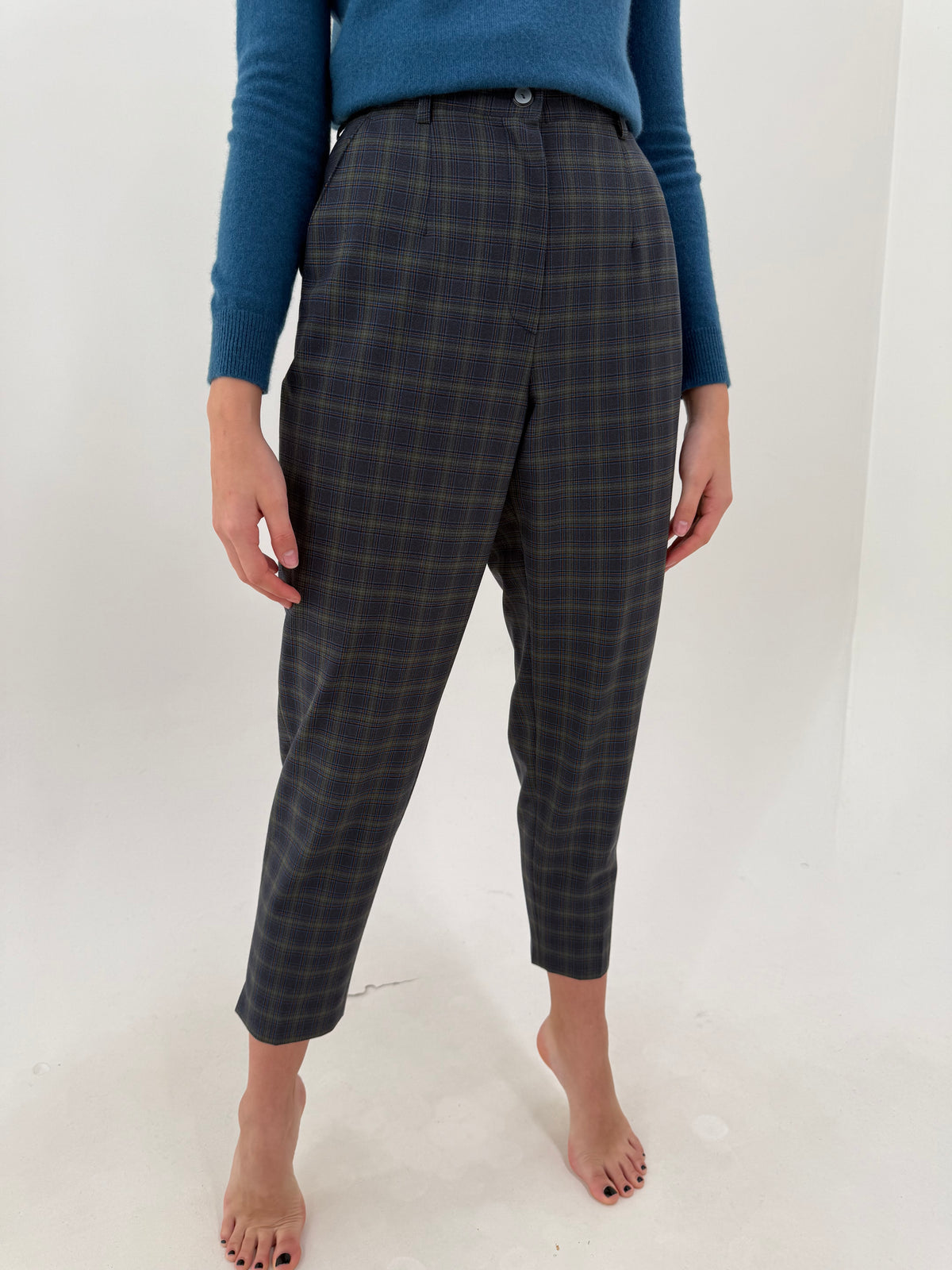 Pantaloni petite din lana extrafina confort în carouri cu talie ultra înaltă ușor elastică