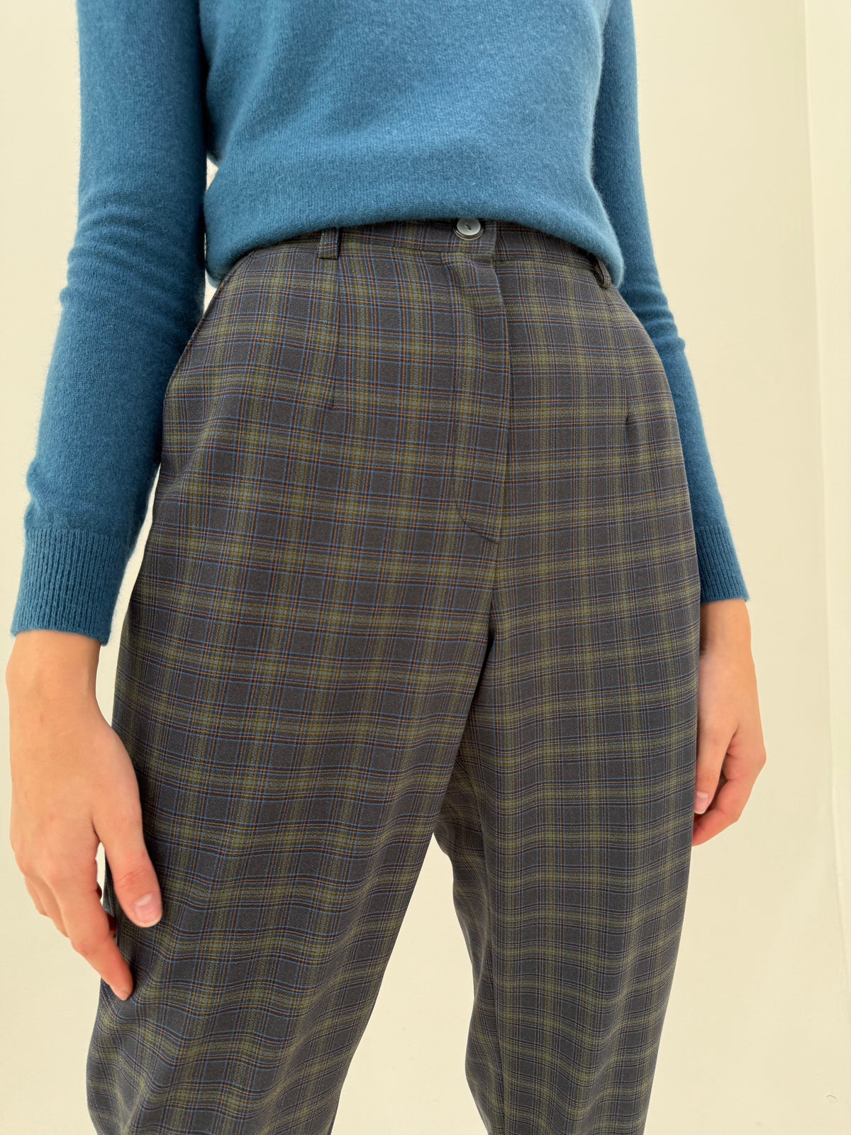 Pantaloni petite din lana extrafina confort în carouri cu talie ultra înaltă ușor elastică