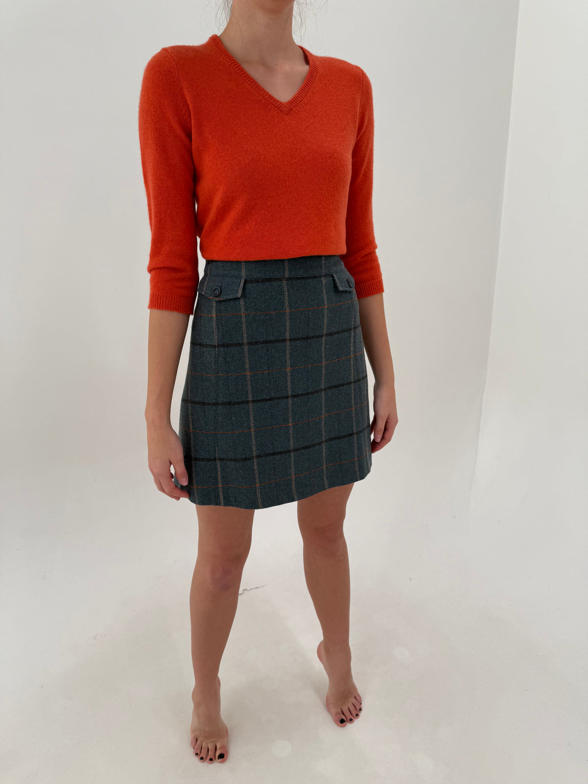 Fustă mini în carouri din tweed gros 80% lana în croi A-line