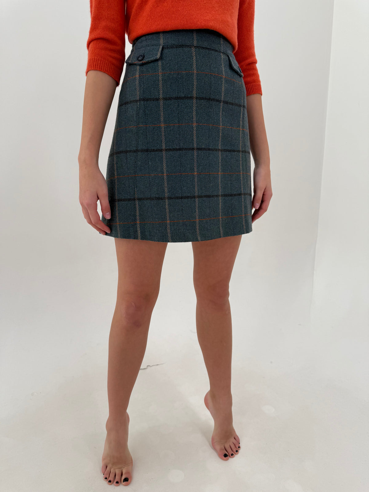 Fustă mini în carouri din tweed gros 80% lana în croi A-line