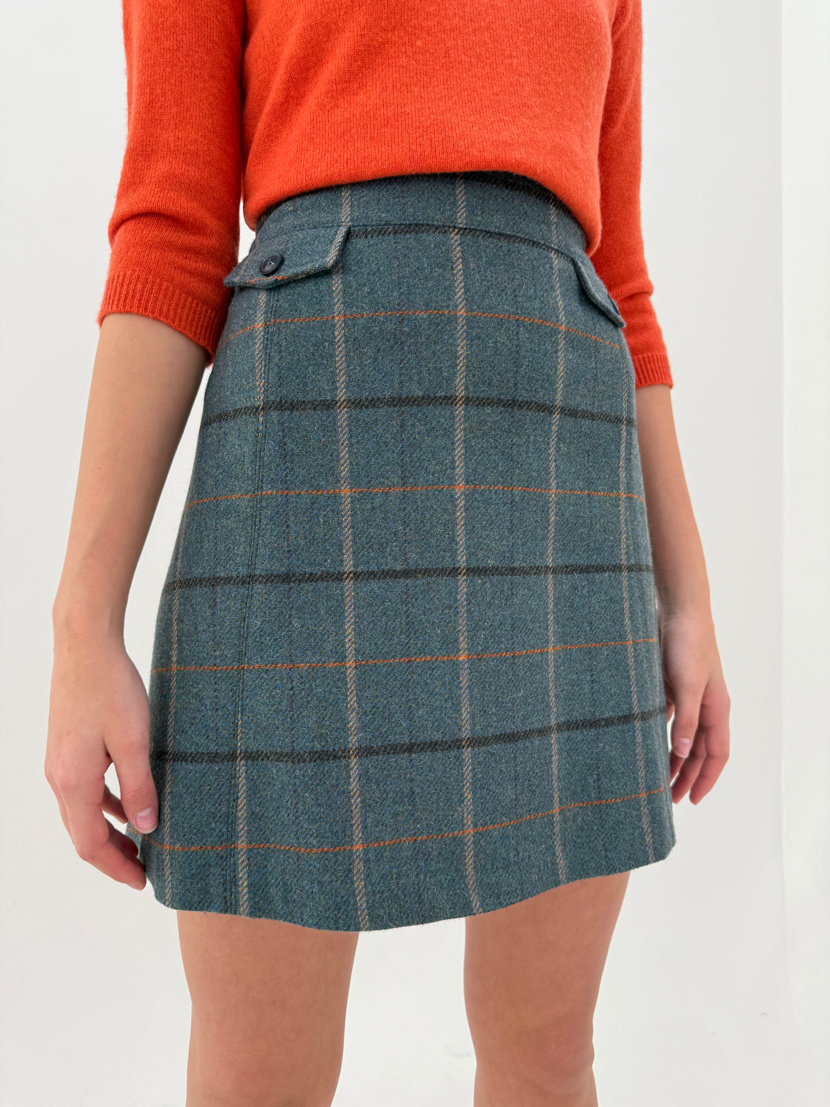 Fustă mini în carouri din tweed gros 80% lana în croi A-line