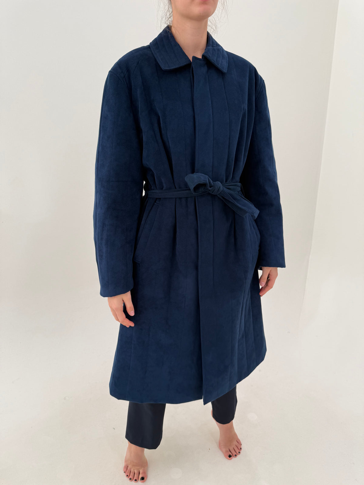 Trench vintage albastru cerneală cu interior light padded și exterior cu aspect de piele întoarsă