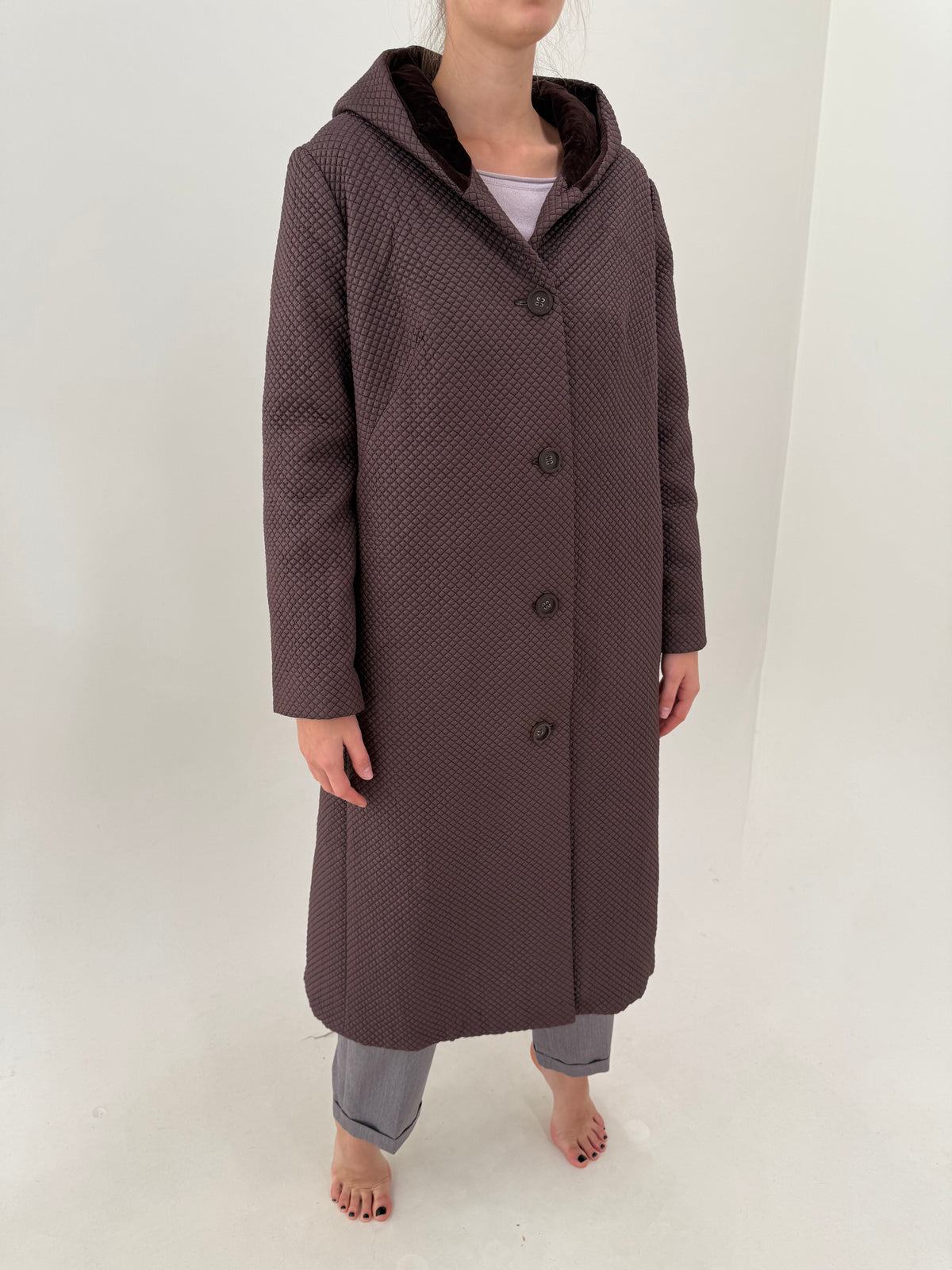 Palton taupe maxi cu glugă și interior light padded cu exterior matlasat fin