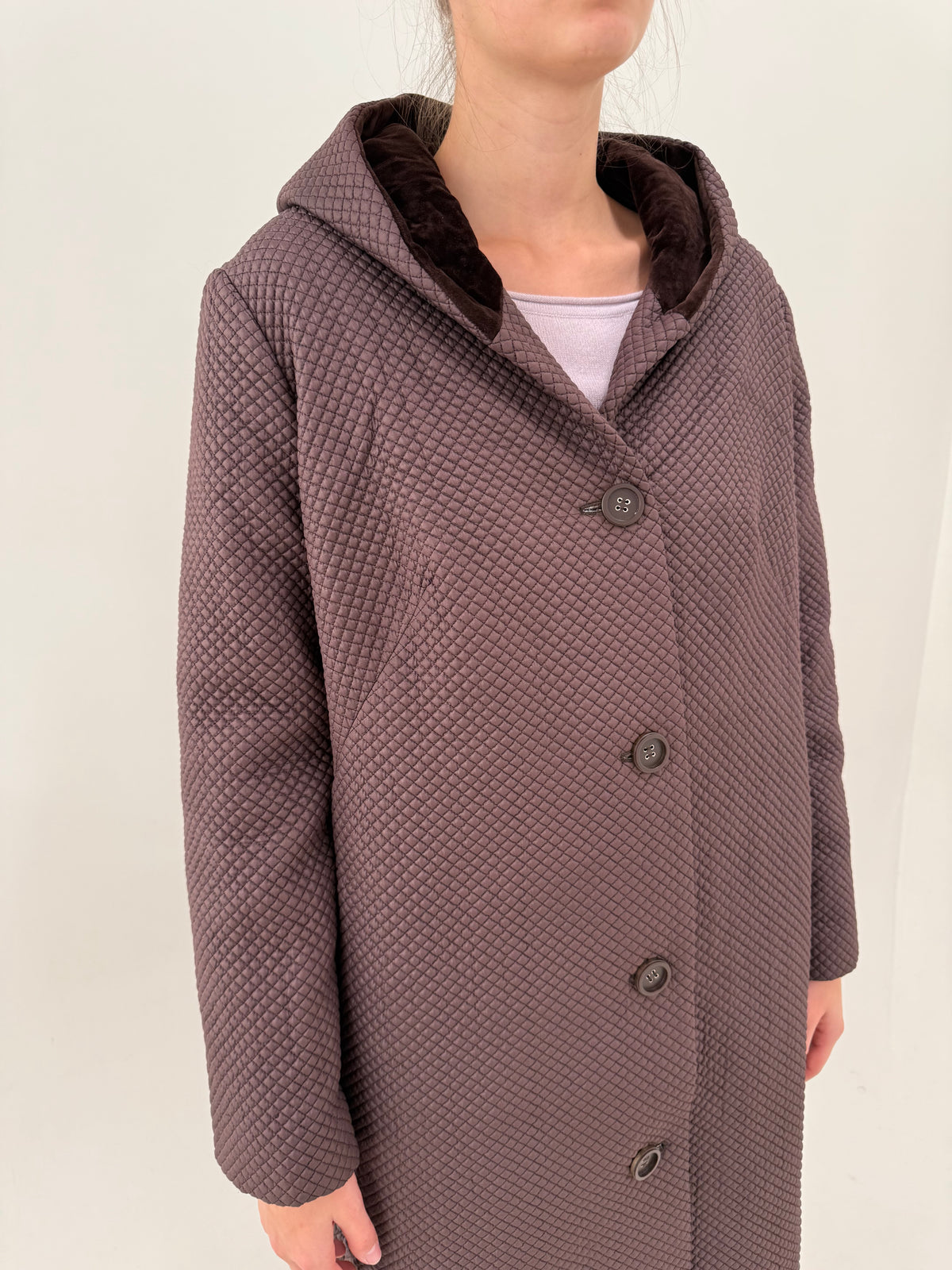 Palton taupe maxi cu glugă și interior light padded cu exterior matlasat fin