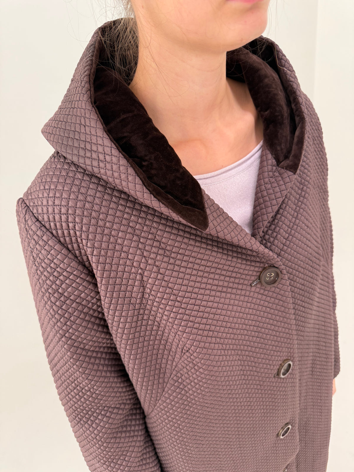 Palton taupe maxi cu glugă și interior light padded cu exterior matlasat fin