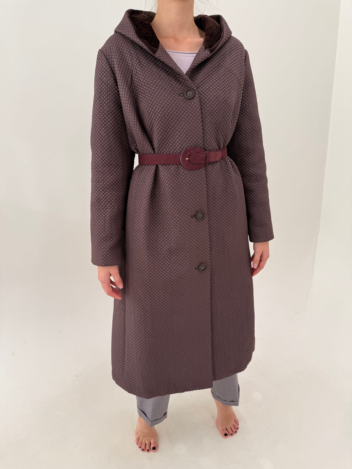 Palton taupe maxi cu glugă și interior light padded cu exterior matlasat fin