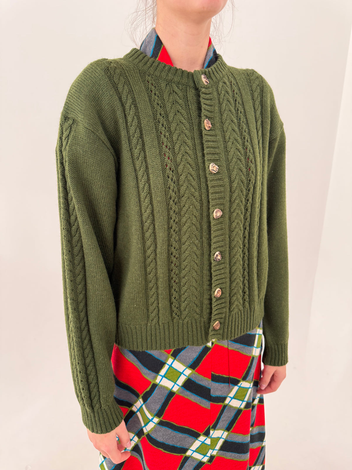 Cardigan vintage gros cu torsade din lana extrafina de gramaj mare în croi lejer